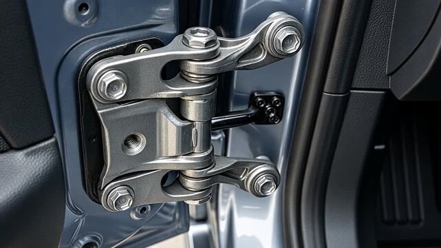Close-up of a robust, heavy-duty car door hinge mechanism