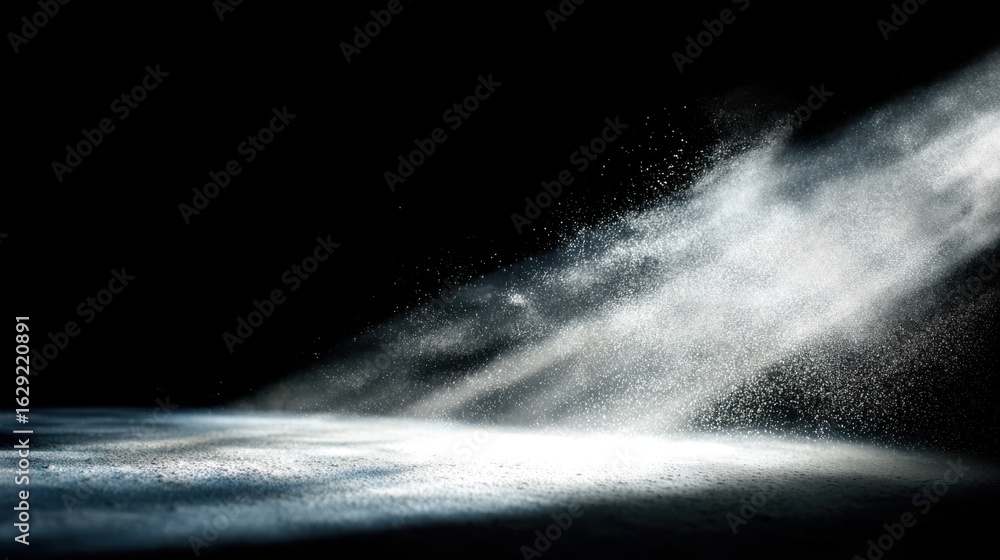 Poster sunlight filters through a small opening, illuminating dust particles swirling in the air, creating 