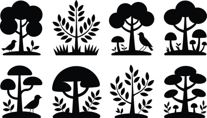 Black silhouette icons of trees mushrooms and birds
