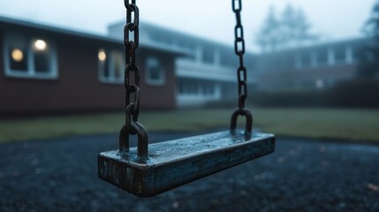 Foggy Playground Scene with an Abandoned Swing in a Quiet Neighborhood Setting