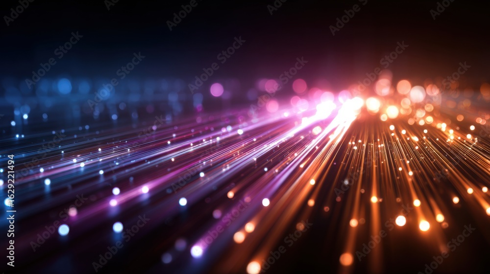 Poster bright streams of light in varied colors rush forward through a dark environment, showcasing an arti