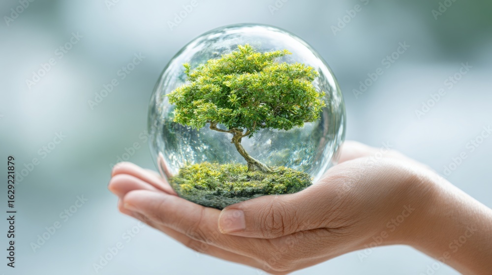 Poster a person holds a glass globe with a small tree inside, representing a commitment to environmental co