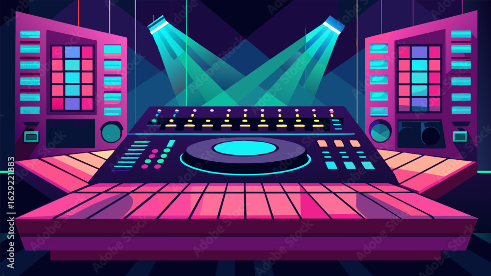 Aufkleber a large mixing console takes center stage highlighted by the dim neon lights around it. vector illus