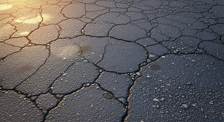 Fractured asphalt surface with textural detail and signs of weathering and wear