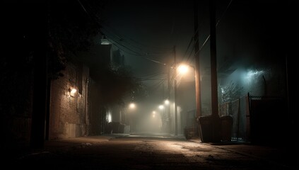Golden Streetlight Glow Pierces the Dense Night Fog in a Gritty Urban Alley