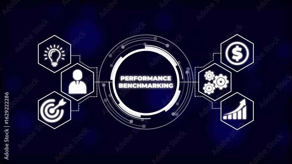 Poster performance benchmarking with business icons. business technology virtual screen background. perform