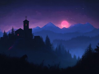 Dark Castle on Hill with Rising Full Moon Landscape