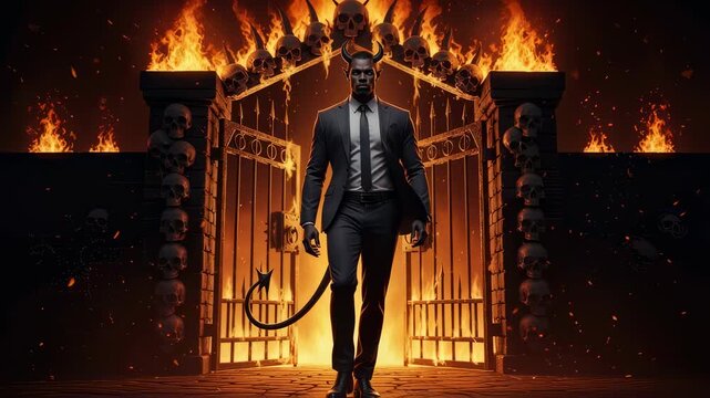 Figure Walking Through Flaming Gate of Skulls with Horns and Tail