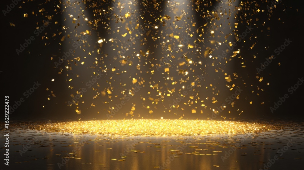 Poster colorful confetti rains down in a sparkling display under radiant lights, creating a joyful atmosphe