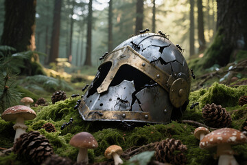 Ancient Helmet Under Dappled Forest Light