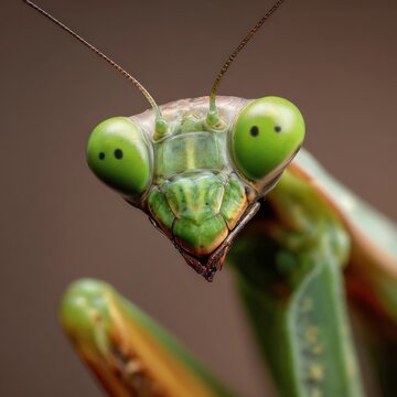 Intense Macro Portrait of a Praying Mantis with Vivid Green Compound Eyes.