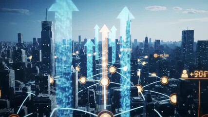 Digital cityscape with upward arrows illustrating growth and futuristic urban development - Powered by Adobe