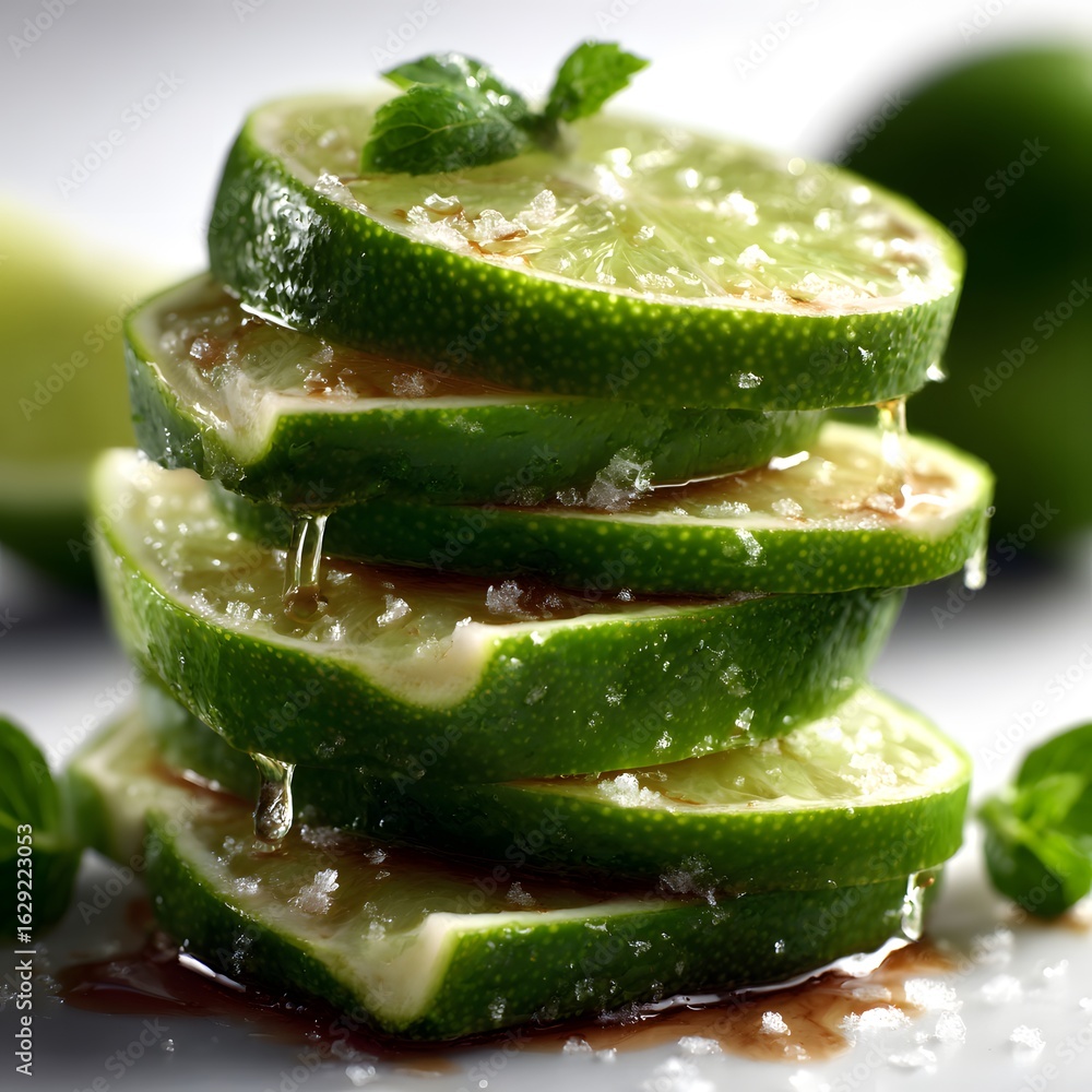 Poster close up of neatly stacked wet lime slices with vibrant green leaves creating a refreshing and minim