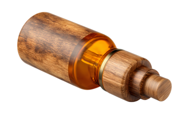 Angled Wooden Pump Dispenser Cap on Glass Bottle Neck, Isolated on Transparent Background