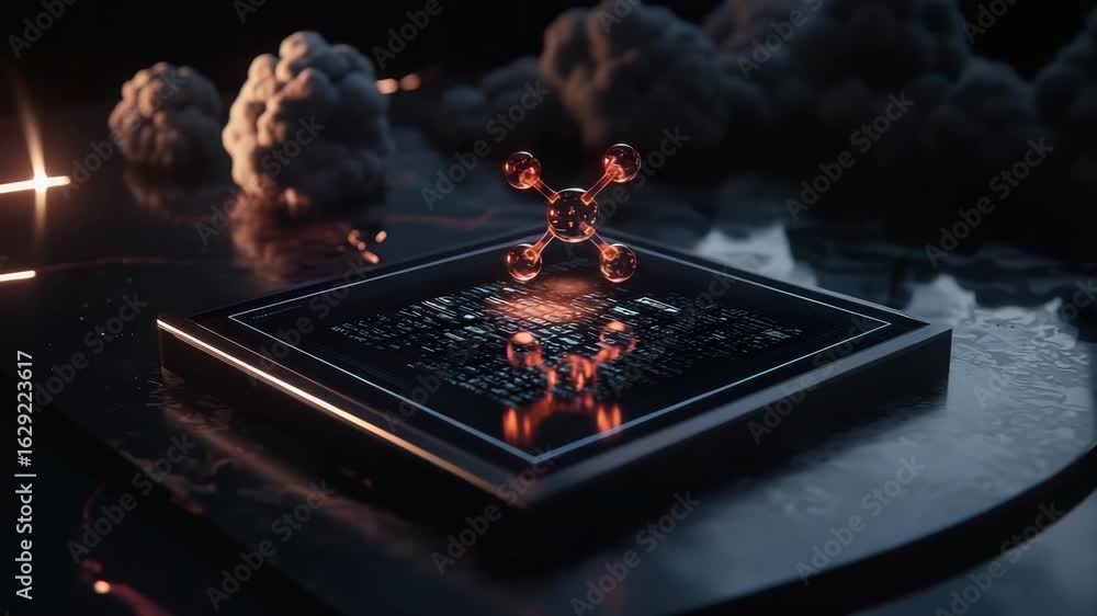 Poster futuristic technology concept featuring glowing molecular structure and digital interface dark envir