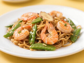 Zesty Ginger Shrimp with Stir-Fried Snap Peas and Lo Mein Noodles