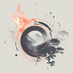 Abstract Geometric Japanese Landscape with Fire Element