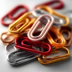 A diverse collection of vibrant metal paperclips in various colors including red gold and silver arranged in an abstract minimalist composition on a plain surface