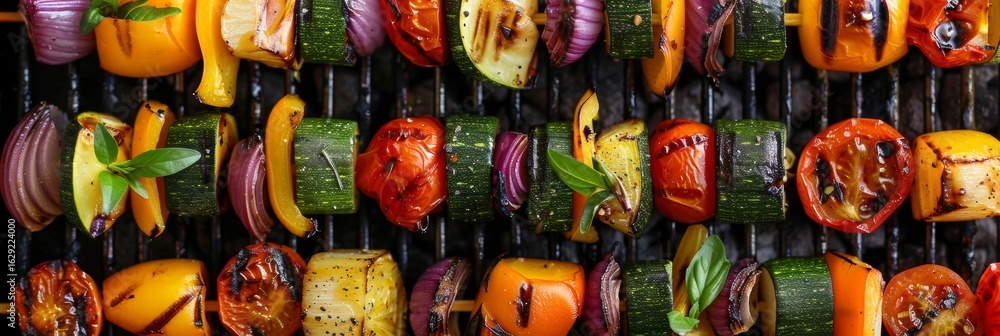 Poster a colorful array of roasted vegetable skewers brushed with an orangeginger glaze and cooked on a sol