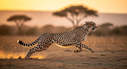 Fototapeta premium Cheetah running with speed and grace in golden sunset light