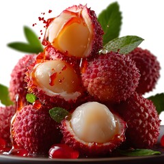 Vibrant and juicy lychee fruit nestled among fresh green leaves creating an appetizing and visually striking gourmet display