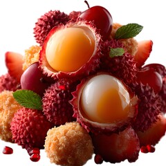 Close up shot of a vibrant assortment of fresh juicy tropical fruits including lychee rambutan and pomegranate seeds artfully arranged against a white background