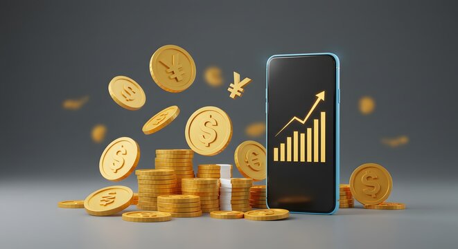 Studio shot of gold coins and a smartphone displaying an upward trending graph, representing financial growth against a neutral gray background.