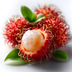 Close up of a cluster of vibrant red rambutan fruit with green leaves showcasing the natural beauty and textures of this exotic tropical produce