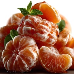 Close up of fresh juicy tangerine segments with vibrant green mint leaves against a clean white background