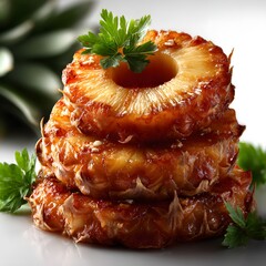 Beautifully presented layered dessert featuring caramelized pineapple slices garnished with fresh parsley for a vibrant and appetizing appearance