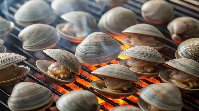 Grilled open clam delicious seafood cooking over hot coals