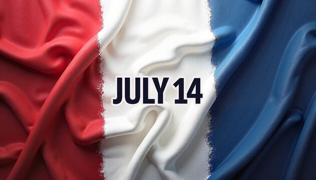 French flag fabric background with July 14 text

