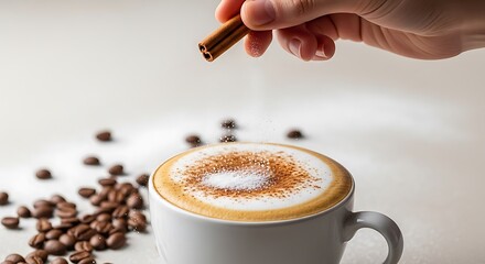 Hand adding cinnamon to a frothy coffee cup with beans