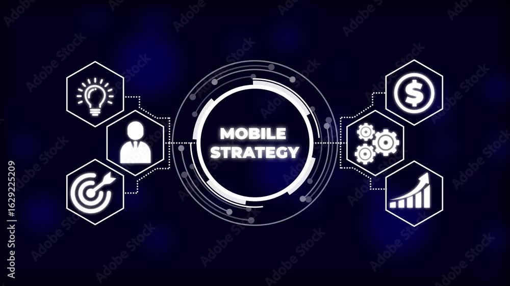 Poster digital mobile strategy. business technology virtual screen background. performance metrics, and bus