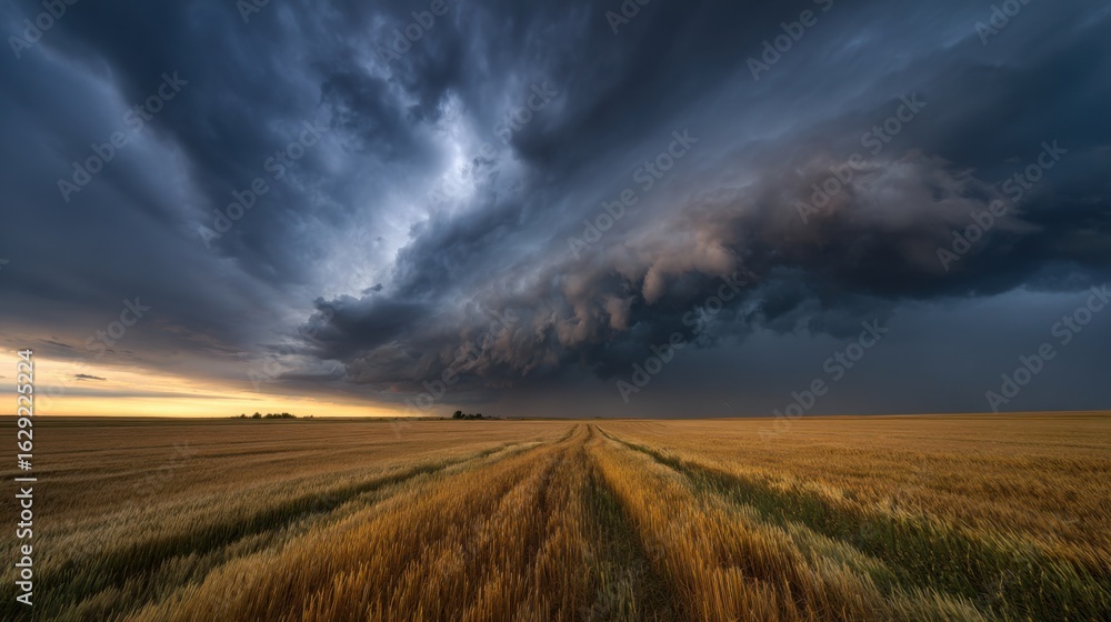Poster dark storm clouds gather ominously above vast golden wheat fields during twilight, creating a striki
