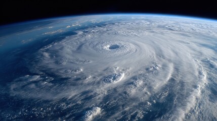 A massive hurricane spins over the vast ocean, showcasing its eye and surrounding cloud formations. The image highlights wind patterns and the curvature of the Earth beneath.