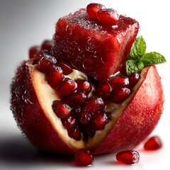 Close up of a fresh ripe pomegranate fruit with its bright red juicy seeds spilling out from the cracked open shell