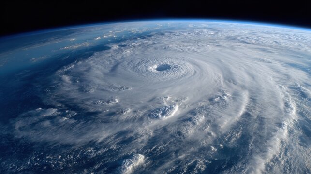 A massive hurricane spins over the vast ocean, showcasing its eye and surrounding cloud formations. The image highlights wind patterns and the curvature of the Earth beneath.