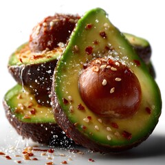 Close up of a ripe whole avocado that has been sliced in half revealing its vibrant green flesh crunchy seed and smooth creamy texture