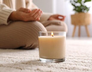 Woman meditating, candlelight