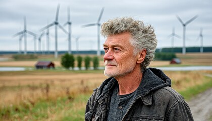 Man outdoors, wind turbines in background