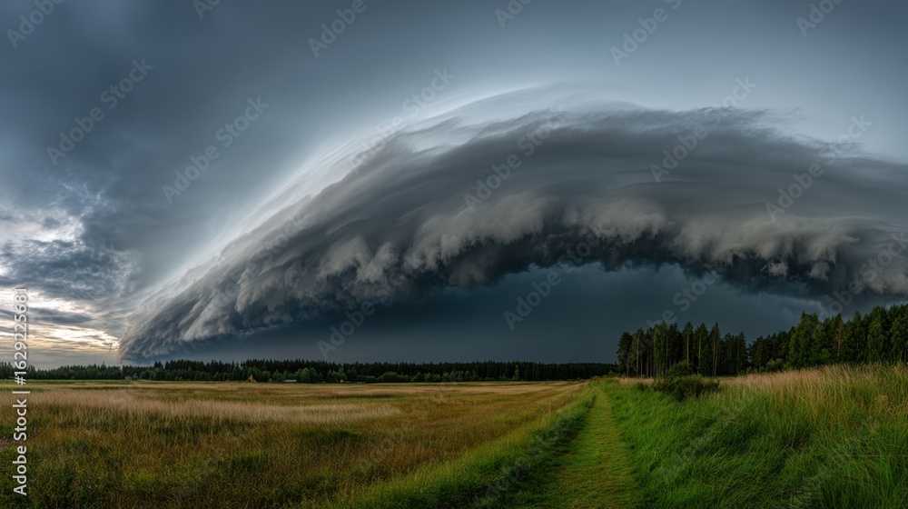 Poster menacing clouds roll across the sky, creating an impressive atmospheric display over a vast, open fi