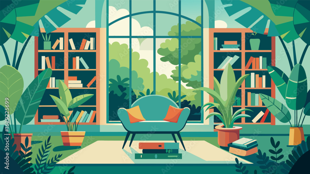 Poster a comfortable reading nook in a sunlit conservatory surrounded by lush plants and shelves of books c