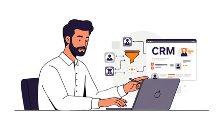 Focused businessman in a white shirt analyzing a CRM system with a sales funnel on a laptop.