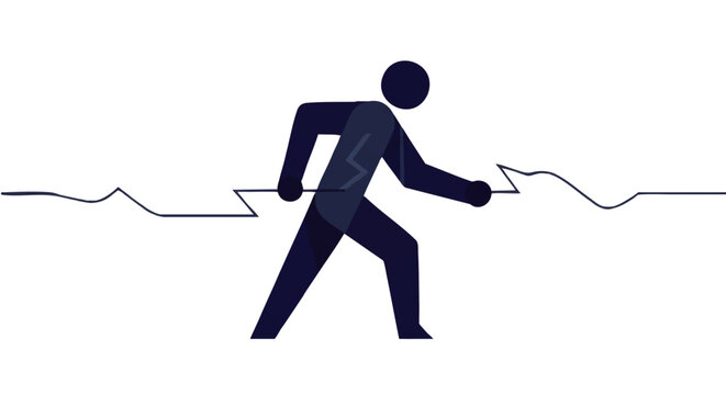 Dynamic blue stick figure with a lightning bolt emblem pulling a jagged continuous line.