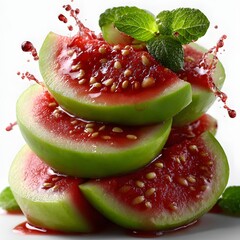 Stacked slices of vibrant green watermelon with red juicy flesh garnished with fresh mint leaves for a healthy and refreshing summer treat
