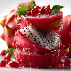 A beautifully presented fruit and cream dessert featuring fresh pomegranate seeds creamy textures and a visually appealing layered design