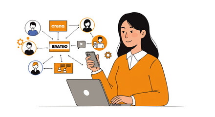 Smiling woman in an orange sweater multitasking with a laptop and smartphone at a desk.