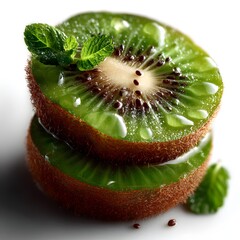 Visually appealing close up of a sliced kiwi fruit with its vibrant green flesh black seeds and fresh mint leaves arranged in an composition