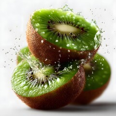shot of freshly sliced juicy kiwi fruit with water droplets on the vibrant green flesh and brown skin